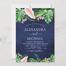 Tropical Palm Watercolor Green Navy Blue Wedding