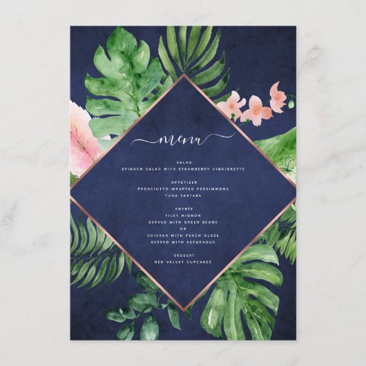 Tropical Palm Watercolor Navy Blue Wedding Menükarte (Vorderseite)