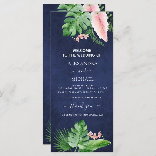Tropical Palm Watercolor Navy Blue Wedding Program (Vorne/Hinten)