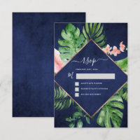 Tropical Palm Watercolor Navy Blue Wedding RSVP