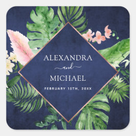 Tropical Palm Watercolor Navy Blue Wedding Siegel Quadratischer Aufkleber
