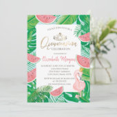Tropical Palm Watermelon Pink Flamingo Einladung (Stehend Vorderseite)