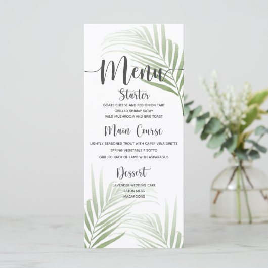 Tropical Palm Wedding Dinner Menü Menükarte (Stehend Vorderseite)