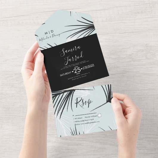 Tropical Palm Wedding Hand Drawn All In One Einladung (Abreißen)