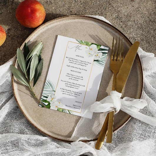 Tropical Palm & White Floral Menu Einladung