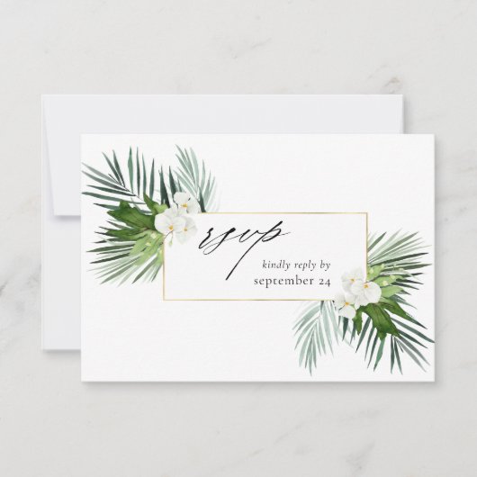 Tropical Palm & White Floral w Meal RSVP Karte 3 (Vorderseite)