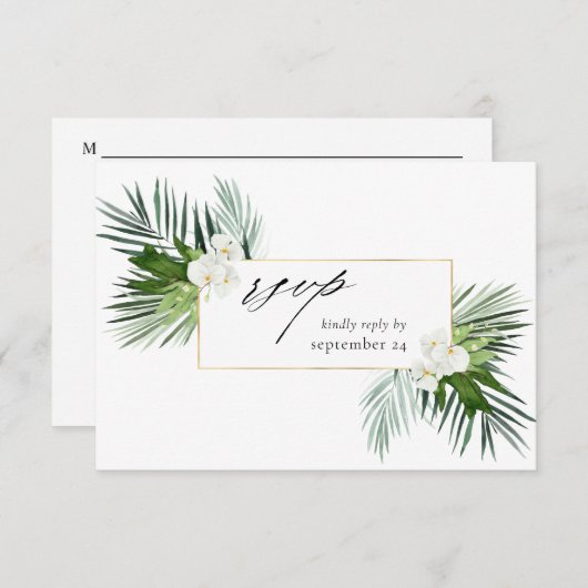 Tropical Palm & White Floral w Meal RSVP Karte 3 (Vorne/Hinten)