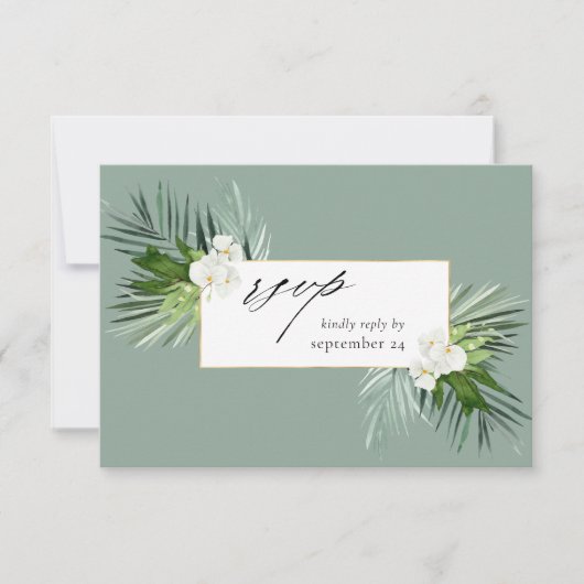 Tropical Palm & White Floral w Meal RSVP Karte 3 M (Vorderseite)