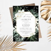 Tropical Palm & White Floral Wedding V2B LNM Black Einladung