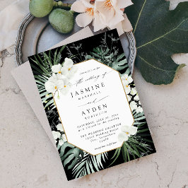 Tropical Palm & White Floral Wedding V2B LNM Black Einladung