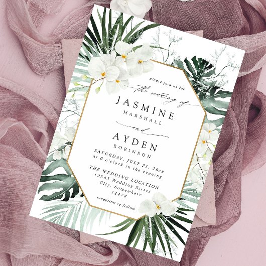 Tropical Palm & White Floral Wedding V2B LNM Einladung