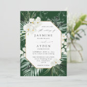 Tropical Palm & White Floral Wedding V2B LNM Green Einladung (Stehend Vorderseite)