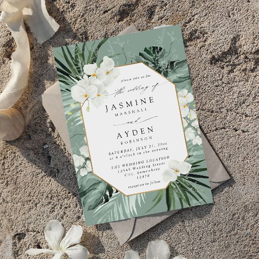 Tropical Palm & White Floral Wedding V2B LNM Green Einladung