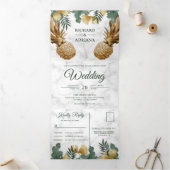 Tropical Palm White Marble Gold Ananas Hochzeit Dreifach Gefaltete Einladung (Innenseite)