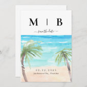 Tropical Palms & Beach Couple Initials Wedding Save The Date (Vorne/Hinten)