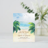 Tropical Palms Beach Romantik Save the Date Postkarte (Stehend Vorderseite)