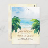 Tropical Palms Beach Romantik Save the Date Postkarte (Vorne/Hinten)