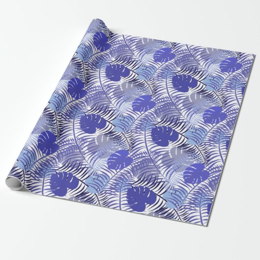 Tropical Palms Blue White Dschungel Print Geschenkpapier (Ungerollt)