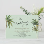Tropical Palms Calligraphy Hochzeit in Urlaubsort Einladung (Stehend Vorderseite)