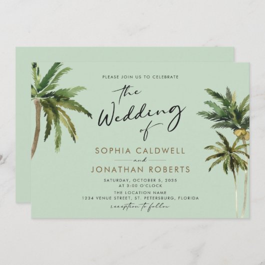 Tropical Palms Calligraphy Hochzeit in Urlaubsort Einladung (Vorne/Hinten)