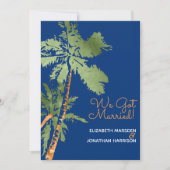 Tropical Palms Dark Blue Just Married Empfang Einladung (Vorderseite)