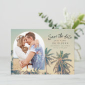Tropical Palms Foto Beach Hochzeit Save The Date (Stehend Vorderseite)