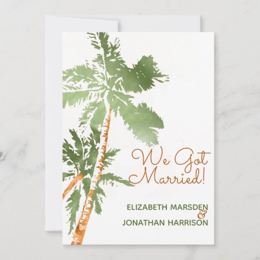 Tropical Palms Just Married Ankündigung Empfang (Vorderseite)