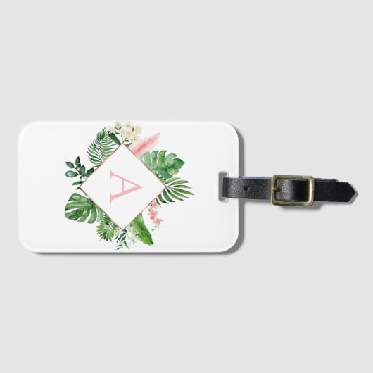 Tropical Palms Monogram Blush Pink Wedding Gepäckanhänger (Vorderseite (Horizontal))