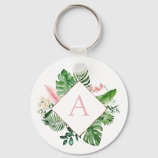 Tropical Palms Monogram Blush Pink Wedding Schlüsselanhänger (Vorderseite)