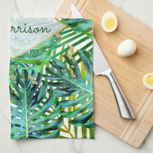 Tropical Palms Monstera Blätter Gold Glitzer Geschirrtuch (Viertel Falte)