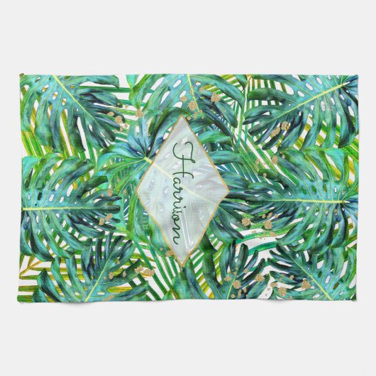 Tropical Palms Monstera Blätter Gold Glitzer Geschirrtuch (Horizontal)