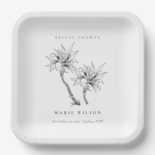 Tropical Palms Schwarz-weiß Sketch Brautparty Pappteller (Vorderseite)