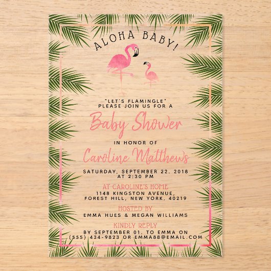 Tropical Palms Watercolor Flamingo Kinderdusche Acryleinladungen (Vorderseite)