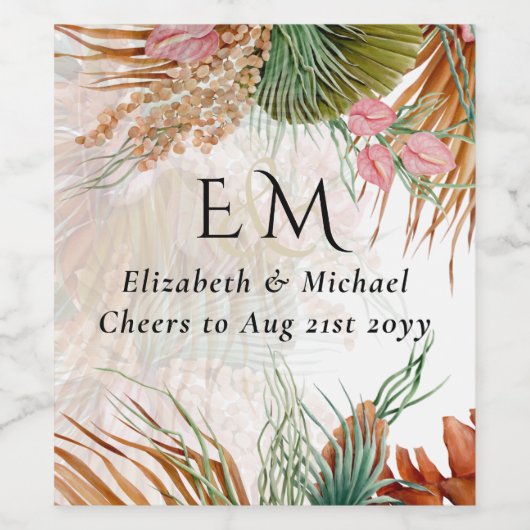 Tropical Pampas Grass Terracotta Wedding Weinetikett (Einzelnes Label)