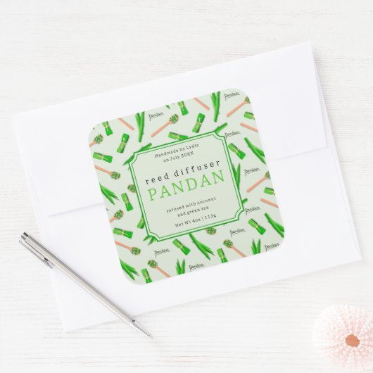 Tropical Pandan Leaf Reed Diffuser Label Quadratischer Aufkleber (Umschlag)