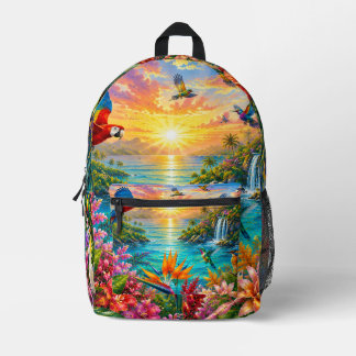 Tropical Paradise Birds & Hibiscus Floral Backpack Bedruckter Rucksack