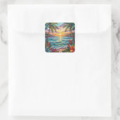 Tropical Paradise | Coastal Beach Scene Impasto Quadratischer Aufkleber (Tasche)