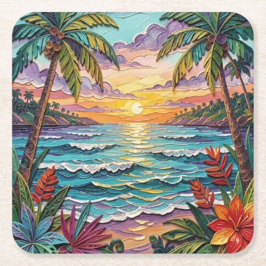 Tropical Paradise | Coastal Beach Scene Impasto Rechteckiger Pappuntersetzer (Vorderseite)