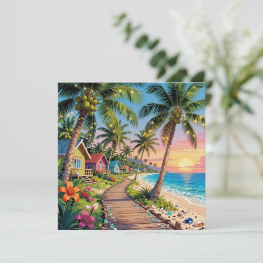 Tropical  Paradise Coastal Seaside Cottage Blank Karte (Stehend Vorderseite)