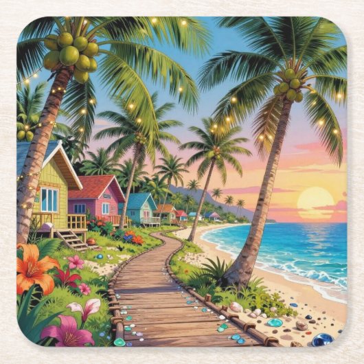 Tropical Paradise Coastal Seaside Cottage Ocean  Rechteckiger Pappuntersetzer (Vorderseite)