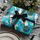 Tropical Parrot Birds Palm Blätter Blaues Muster Geschenkpapier