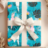 Tropical Parrot Birds Palm Blätter Blaues Muster Geschenkpapier