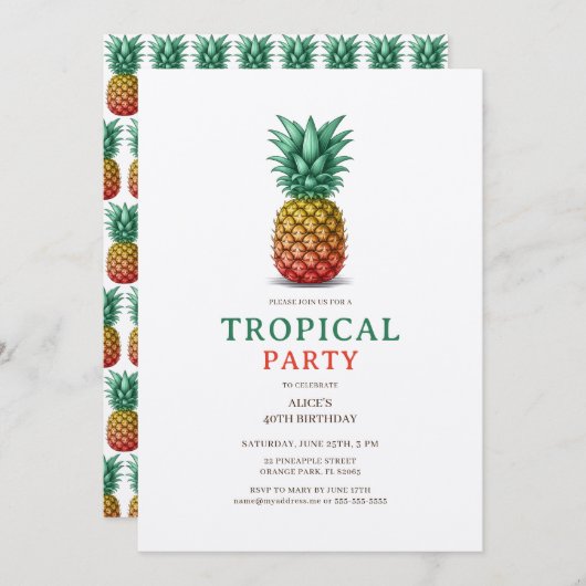 Tropical Party with retro pineapple Invitation Einladung (Vorne/Hinten)