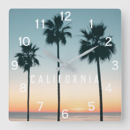 Tropical Pastel Ombre Teal Orange Palm Tree Sunset Quadratische Wanduhr
