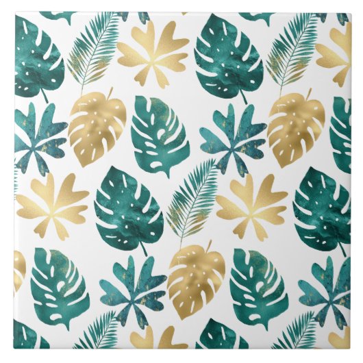 Tropical Pattern Green Yellow Gold Palm Blätter Fliese (Vorderseite)