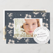 Tropical Pattern Navy Blue Luau Foto Abschluss Einladung (Vorne/Hinten)