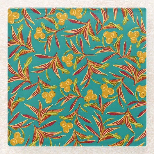 Tropical Pattern with Red and Yellow Leaves Glasuntersetzer (Vorderseite)