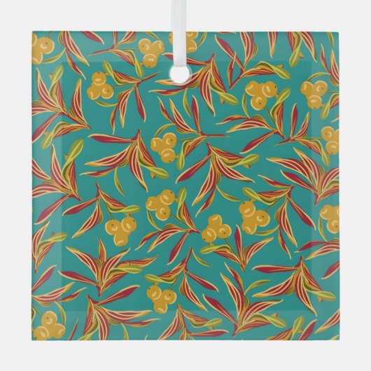 Tropical Pattern with Red and Yellow Leaves Ornament Aus Glas (Vorderseite)