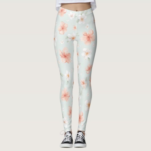 Tropical Peach White Hibiscus Flowers Leggings (Vorderseite)