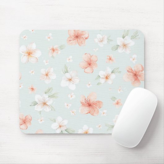 Tropical Peach White Hibiscus Flowers Mousepad (Mit Mouse)
